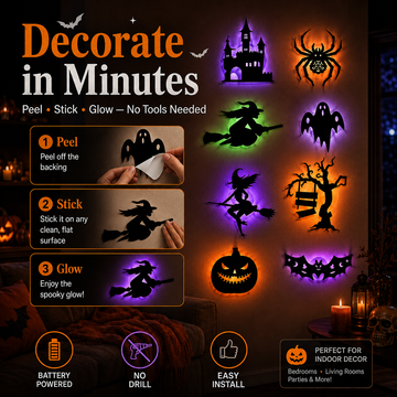 Halloween LED-Silhouetten-Wandlichter – selbstklebende Dekoration ohne Bohren