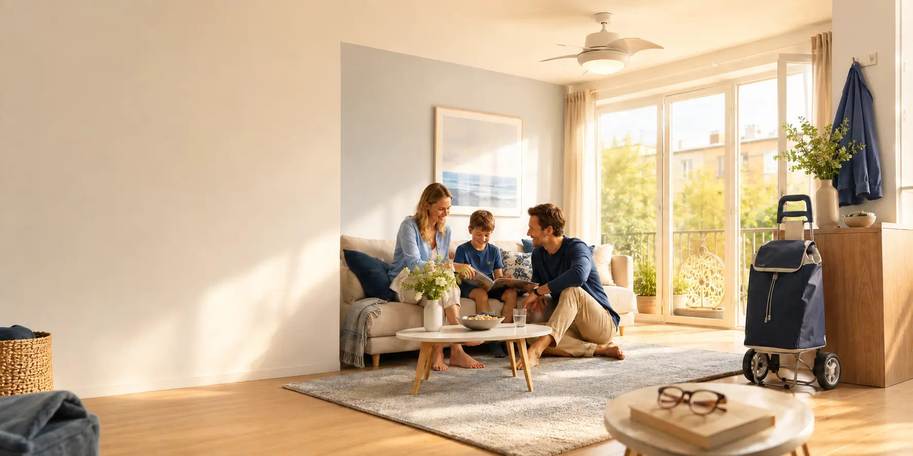 Eine Familie in einem warmen, hellen Zuhause mit praktischen Alltagsprodukten